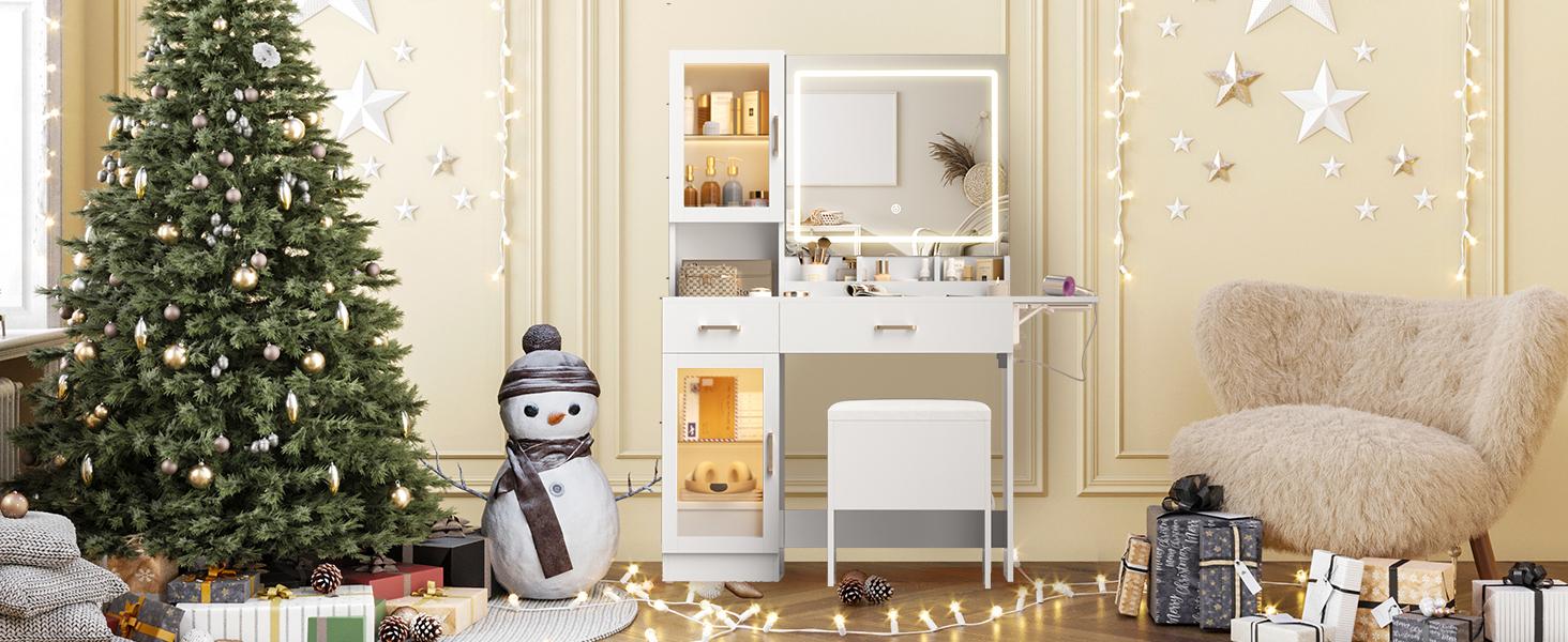 Makeup Vanity Mirror with Light, Large Women Vanity Desk with Touch Screen Mirror Lights & Power Outlet, 4 Cabinet, 2 Shelves & 5 Drawers for Bedroom,[Gift Idea]