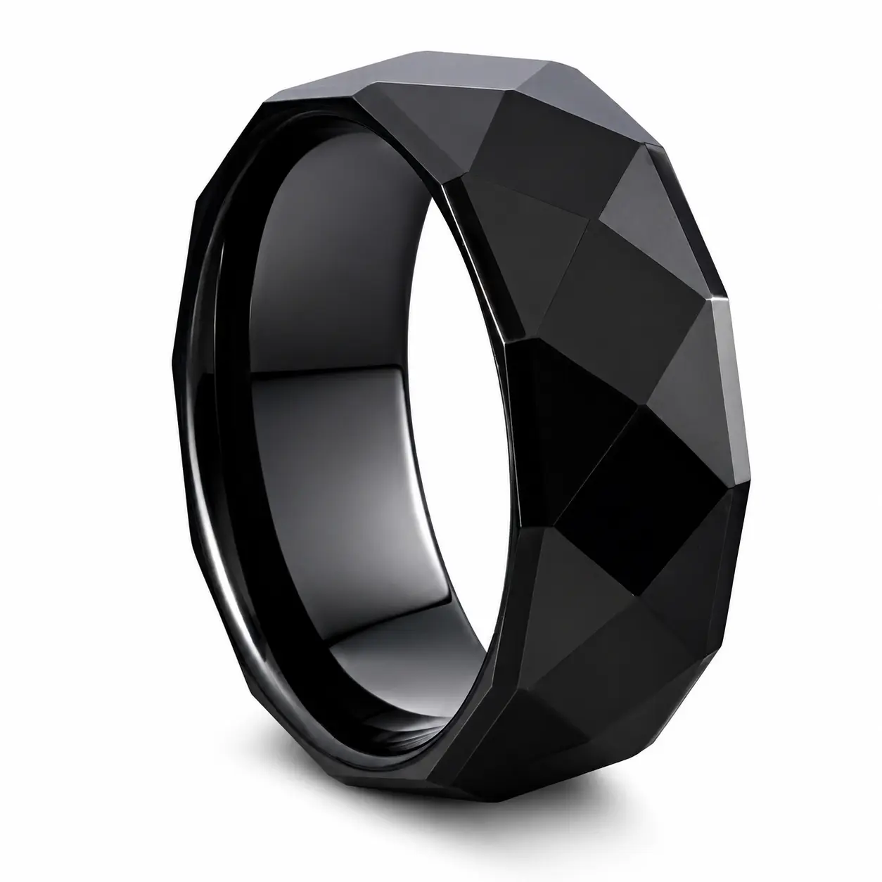 8mm Black Tungsten Carbide Faceted Wedding Band – Brushed Comfort Fit Ring for Men & Women