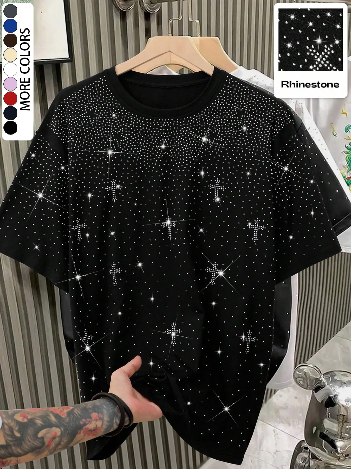 Unisex Rhinestone Cross Pattern Short Sleeves T-Shirt, Street Style Casual Glam Top, Sparkling Fashion Design, Perfect for Daily Wear & Night Out, Fit