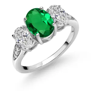 Gem Stone King 10K White Gold 3-Stone Engagement Ring For Women | Gemstone Birthstone and Lab Grown Diamond | Center Oval 8X6MM | Side Oval Diamonds = 1.00 Cttw