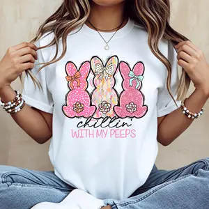 Cotton casual round-neck short-sleeve T-shirt featuring an Easter bunny design and "Chill With My Peeps" graphic; summer clothing; machine washable; not dry clean; made in USA