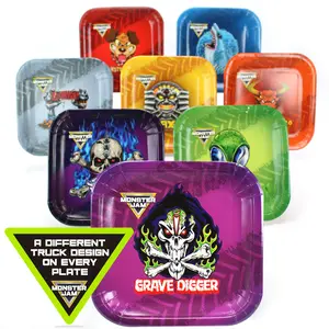 Monster Jam (Deluxe) Party Pack Combo – Includes: Plates, Bottle Labels, Napkins, Tablecover, Fabric Wall Banner, and Favor Boxes.  A Different Monster Truck Represented on Each Plate–  Grave Digger Monster Mutt, El Toro Loco, Max D, Megalodon and More!