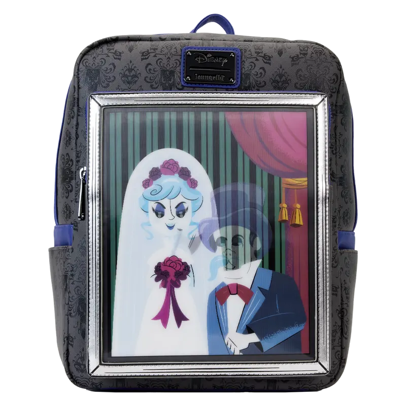 Gothic Black Widow Bride Mini Backpack, Vegan Leather Theme Park Bag with Lenticular Portrait and Wallpaper Print, Adjustable Straps