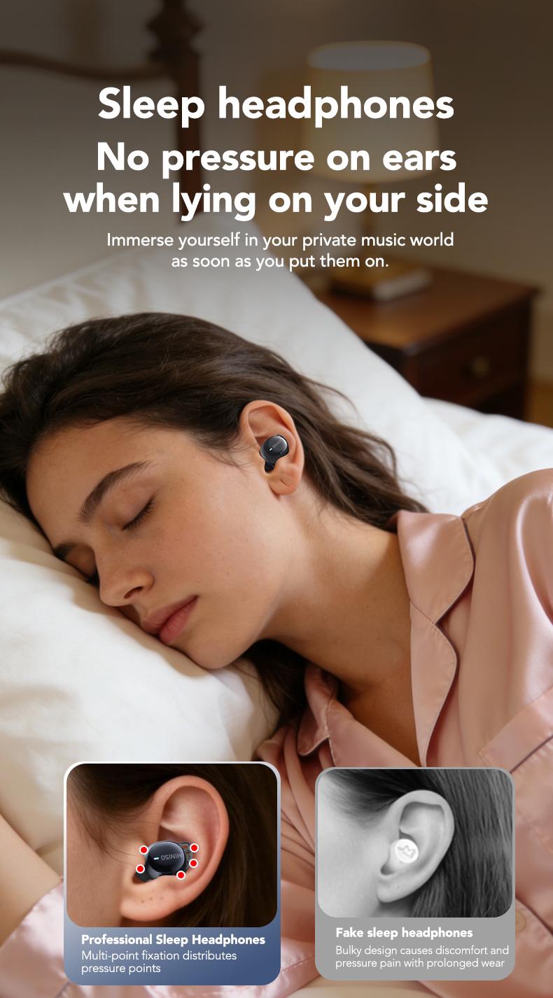 MINISO MS 216 Sleep Headphones, comes with free sleep earplugs, buy one get one free.  These mini wireless Bluetooth 6.0 earbuds feature liquid silicone material, high-definition sound quality, and a battery level display. Suitable for work and travel.