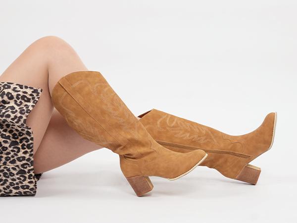 Women's Extra Wide Calf Cowboy Boots Wood Embroidered Western Cowgirl Knee High Boots Footwear Decor Red Leather