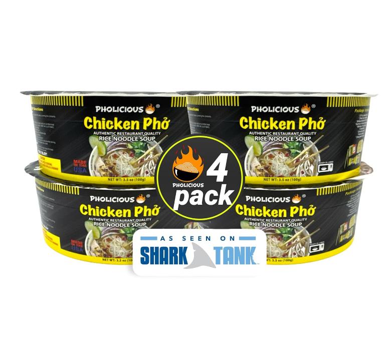 PhoLicious Instant Chicken Pho, Authentic Vietnamese Rice Noodle Soup Kit with Spices & Broth Mix, Ramen Noodles Alternative, Quick Microwave Meal - Pho Noodles Bowl - Chicken Flavor (4 Pack)