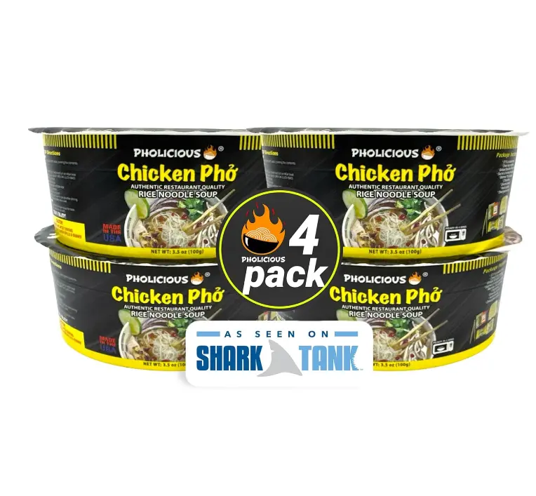PhoLicious Instant Chicken Pho, Authentic Vietnamese Rice Noodle Soup Kit with Spices & Broth Mix, Ramen Noodles Alternative, Quick Microwave Meal - Pho Noodles Bowl - Chicken Flavor (4 Pack)