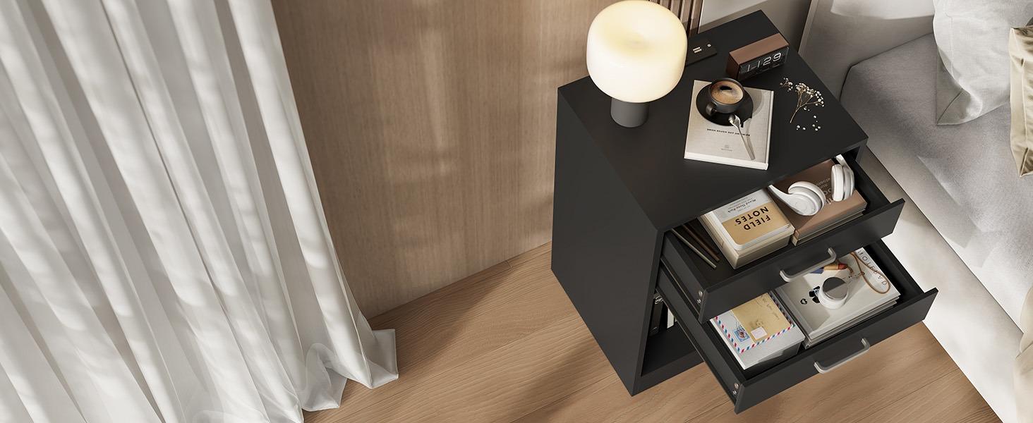 Sikaic 2PCS Nightstand With Charging Station Drawers Bedside Table