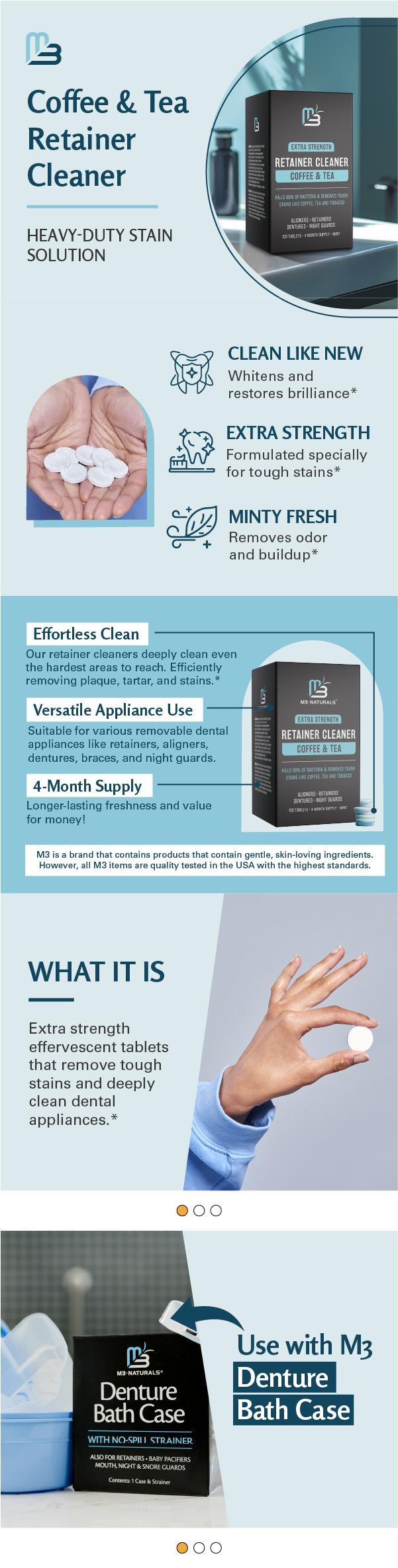 M3 Naturals Coffee & Tea Retainer Cleaner Tablets - Daily Oral Cleansing & Whitening -Removes Odors, Stains & Plaque on Denture Aligner 4 Month Supply Teeth Brightener Teeth Brightening