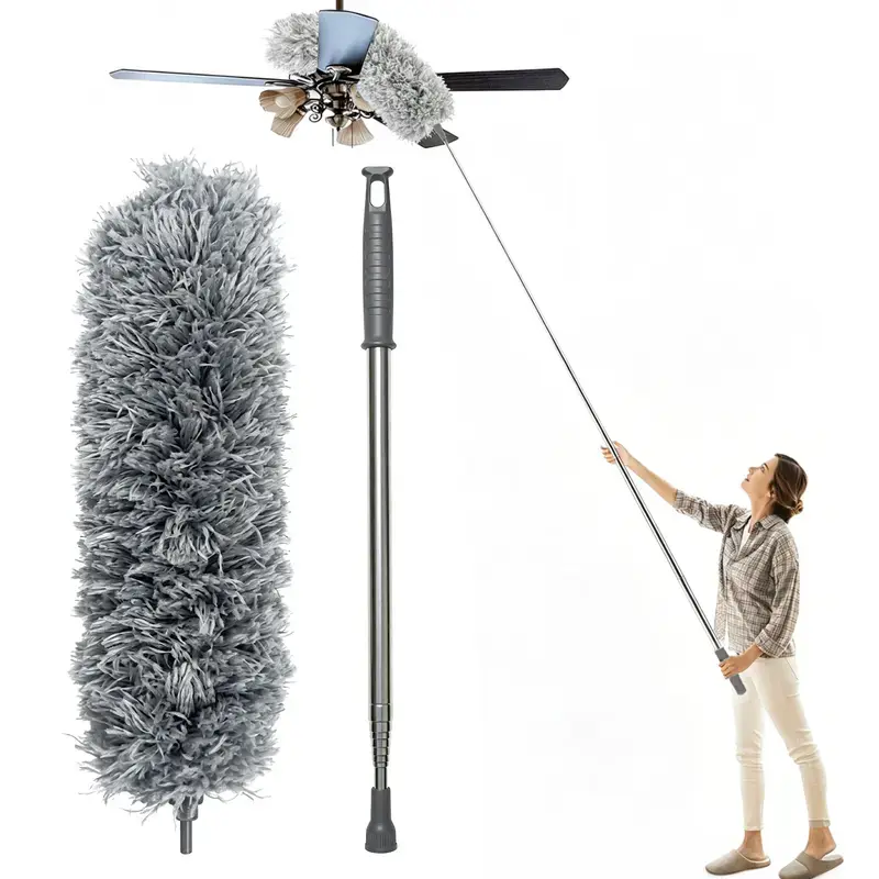 Telescopic Microfiber Duster with 100" Adjustable Stainless Steel Pole, Washable Electrostatic Head for Ceiling Fans, Daily Cleaning of High Areas