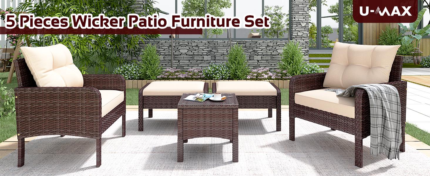 Aecojoy Outdoor 5 Pieces Patio Furniture Set, PE Rattan Wicker Chairs with Ottoman and Table, Bistro Set for Front Porch, Garden, Backyard, Balcony