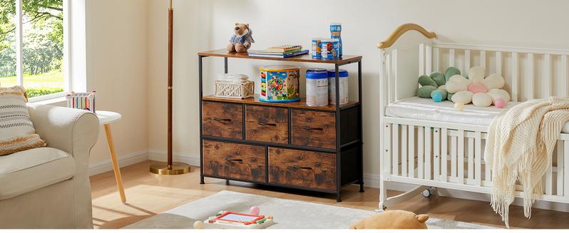 Dresser TV Stand, Entertainment Center with 5 Fabric Drawers, Media Console Table for TV with Open Storage Shelf Dresser