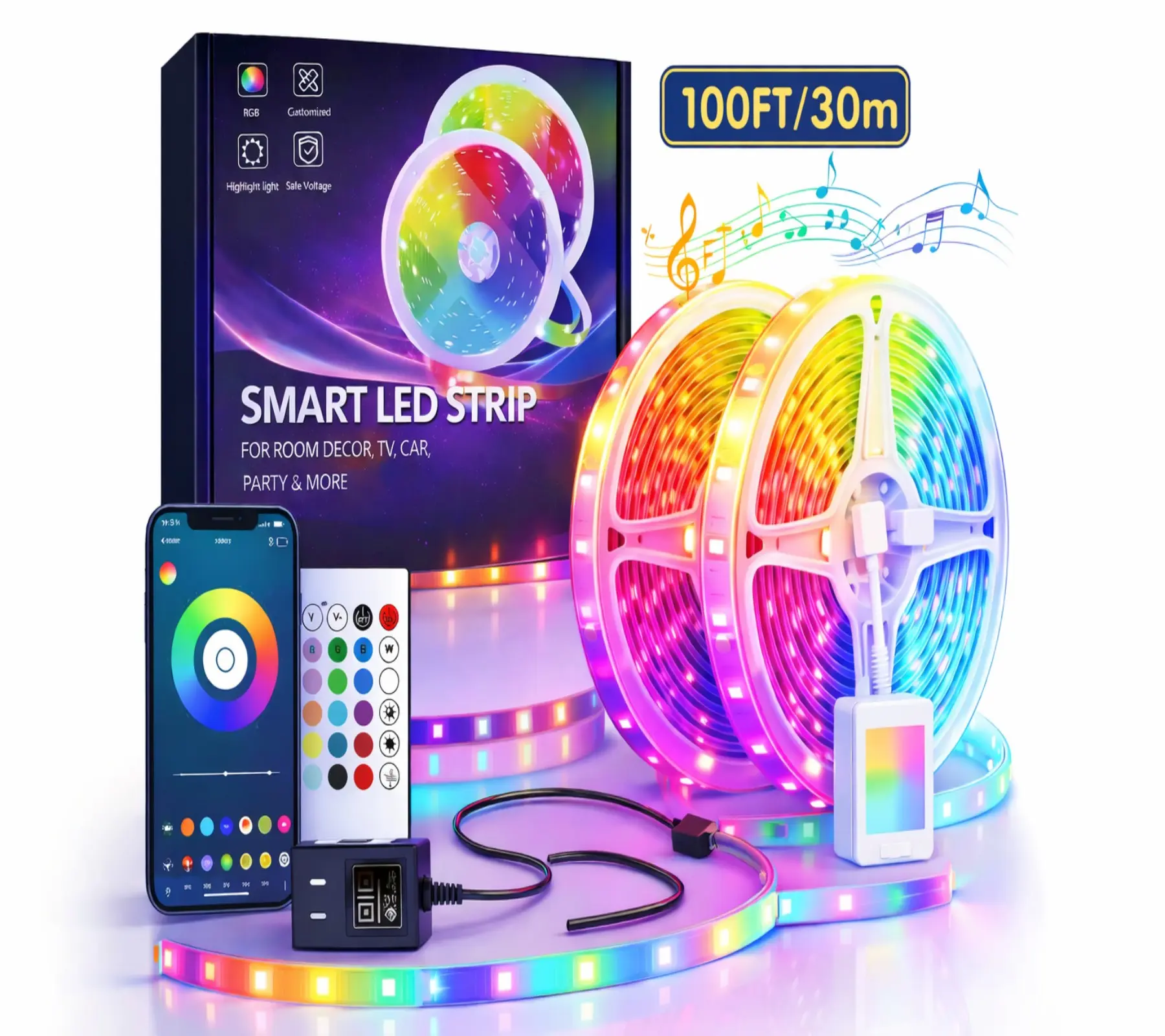100FT Smart LED Light Strip RGB Color Changing Music Sync Strip Lights with App & Remote Control for Bedroom Indoor Lighting Decoration Modern, Customizable Rgb, Multicolor Led Lighting, Rgb Led Effects, Led Mood Lighting