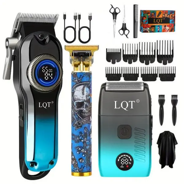 LQT Professional Hair Clippers Set, Cordless 3-in-1 Barber Equipment with T-Blade Trimmer & Foil Shaver, Stainless Steel Blades, Quiet Motor for Men, Abs