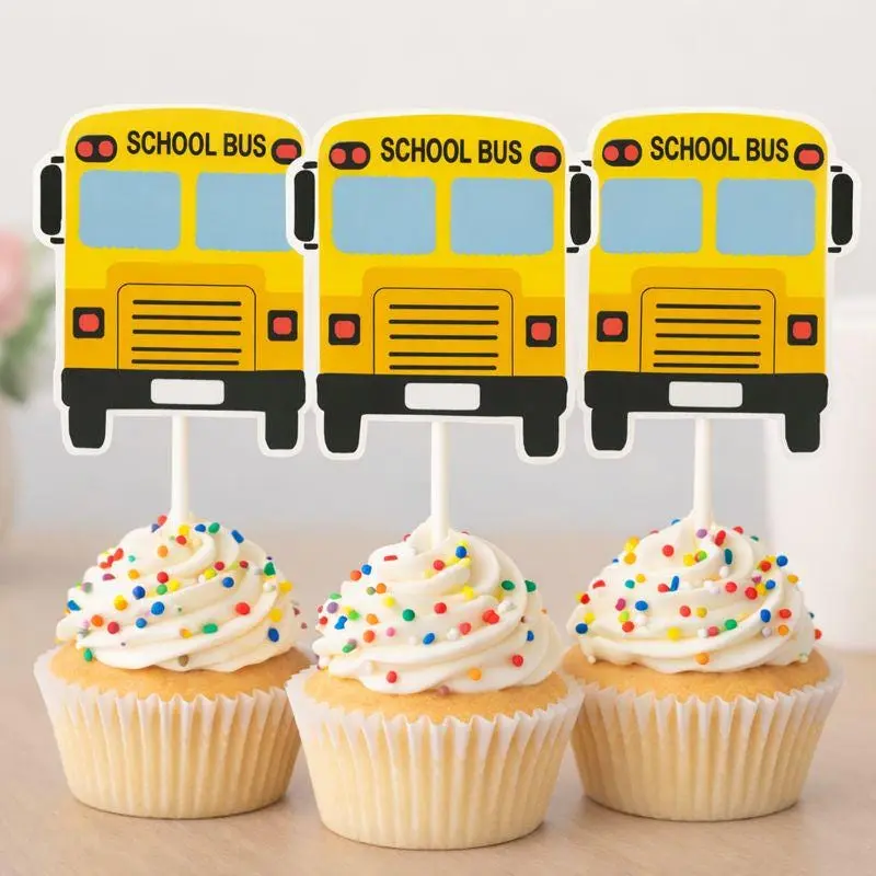 School Bus Cupcake Toppers, School Birthday Decorations, School Party Decorations, School Bus Birthday, School Bus Cake Toppers, Bus Picks