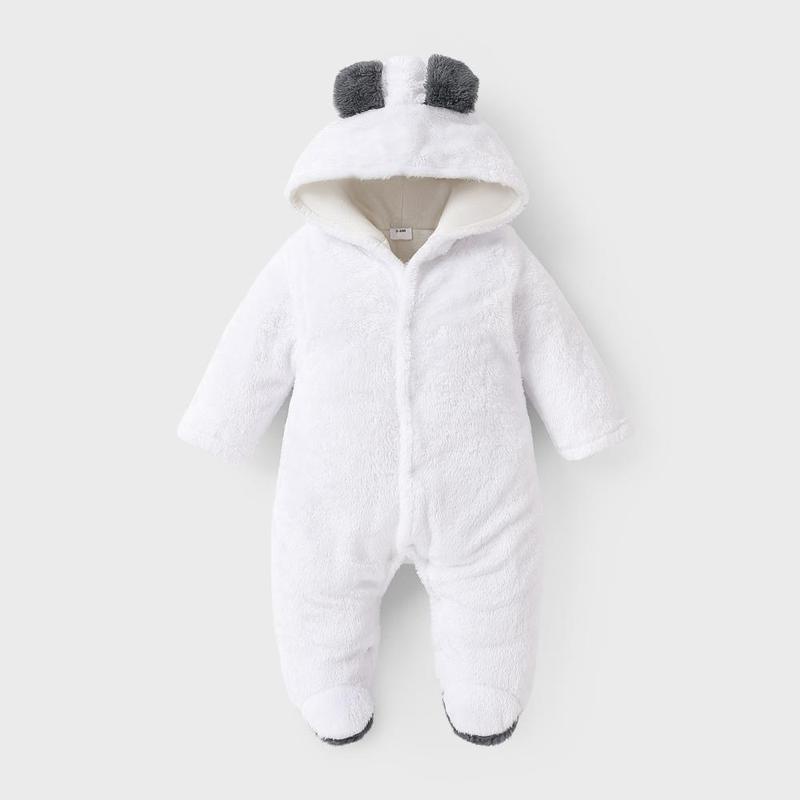 PatPat Baby Boy/Girl Bear Style 3D Ears Hooded Solid Plush Footed Jumpsuit Soft & Cute for Winter All-day Snuggle Keeping Warm Stylish