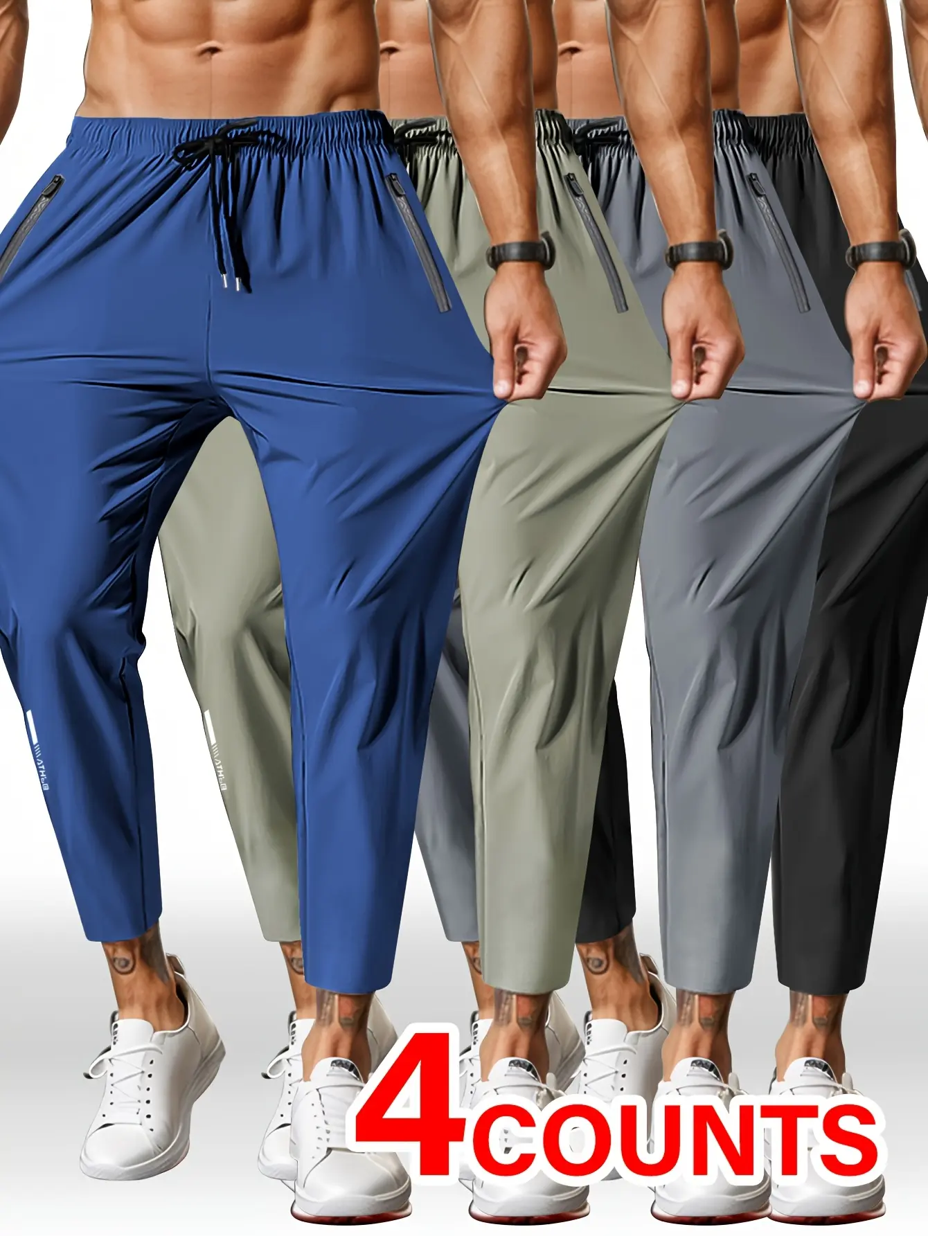 4-Pack Straight-Leg Pants – Solid-Color Casual Pants, suitable for running, fitness, sports, and casual wear; breathable quick-dry fabric for spring/summer; machine washable regular-fit casual pants