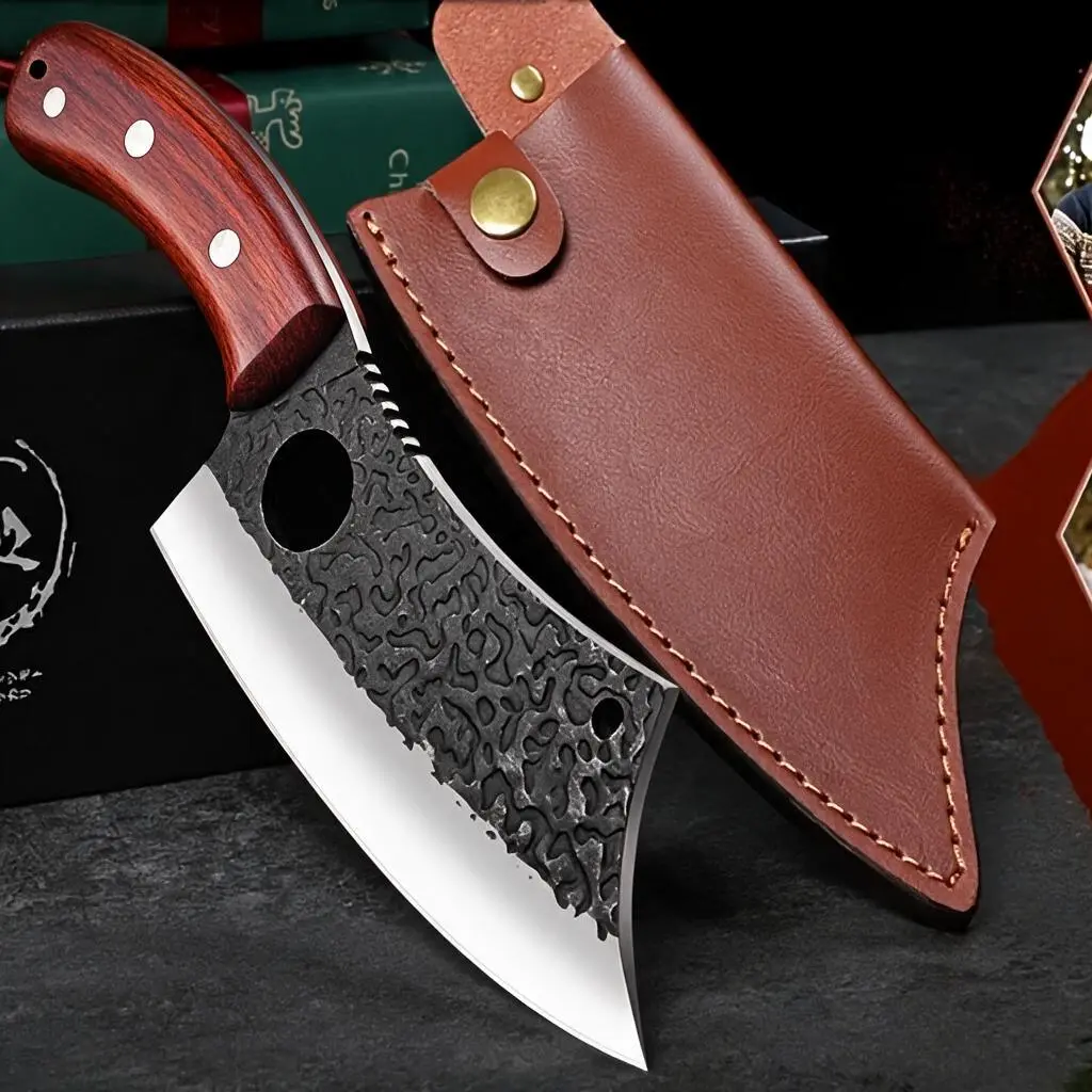 Premium Forged Steel Knives Kitchen Set - Meat Cleaver, Bone Knife with Cleaver-Shape Blades, Wooden Handles, Ideal for Home Cooking & Camping