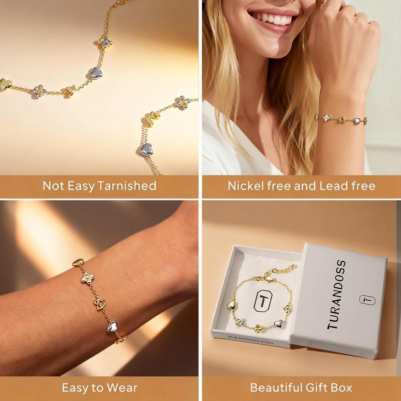 Turandoss Initial Bracelet for Women – 14K Gold Plated Alphabet Charm Bracelet with Heart & Flower, Adjustable Trendy Jewelry Gift Turandoss Initial Bracelet for Women – 14K Gold Plated Alphabet Charm Bracelet with Heart & Flower, Adjustable Trendy Jewelry Gift