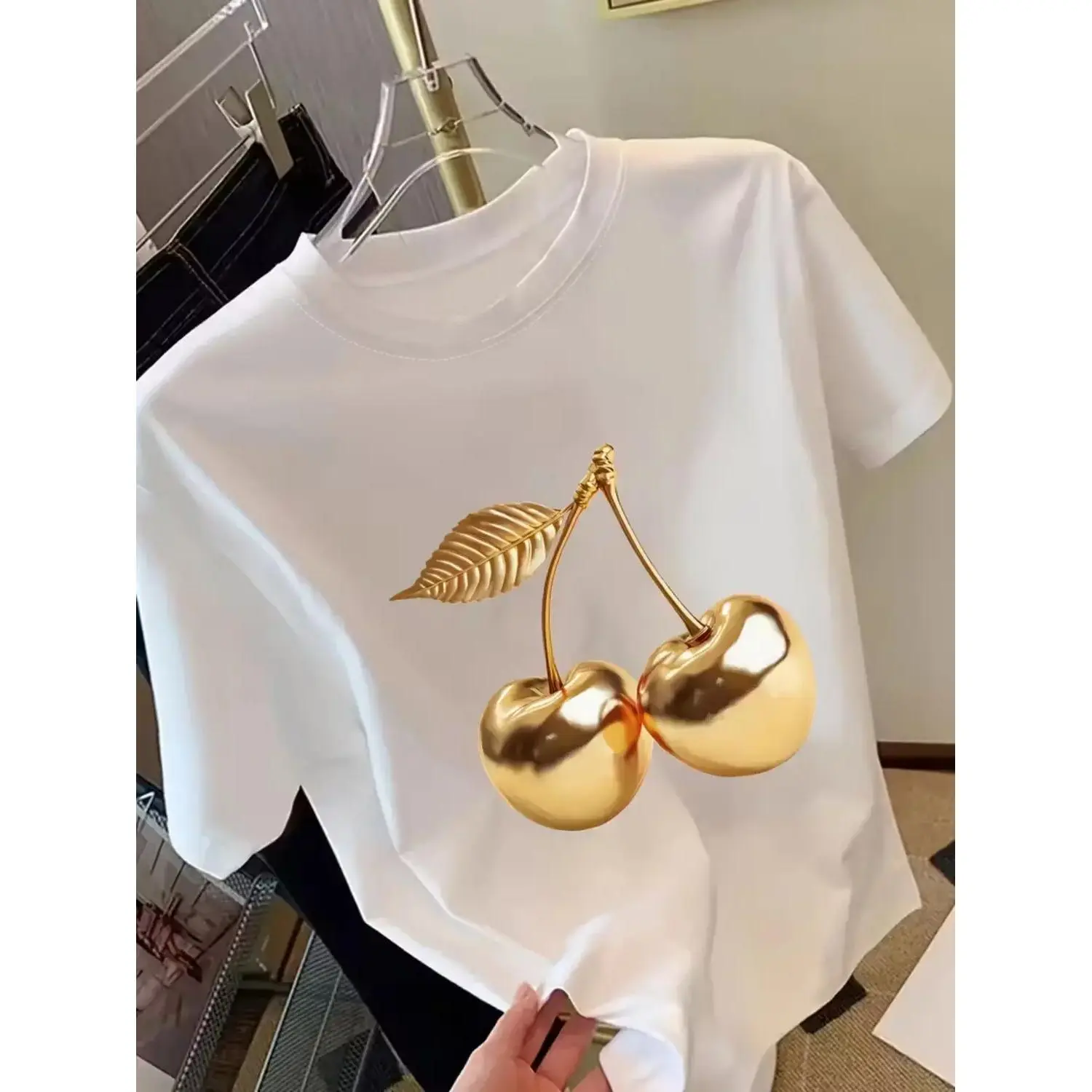 Gold Cherry Metallic T-Shirt |       3D Luxury Graphic White Tee |       Trendy Y2K Casual Top