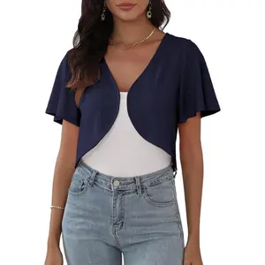 Womens Short Sleeve Shrug Knit Eyelet Embroidery Open Front Cropped Bolero Cardigan Shrugs for Dresses Lightweight Knitwear Womenswear Tops Knitting