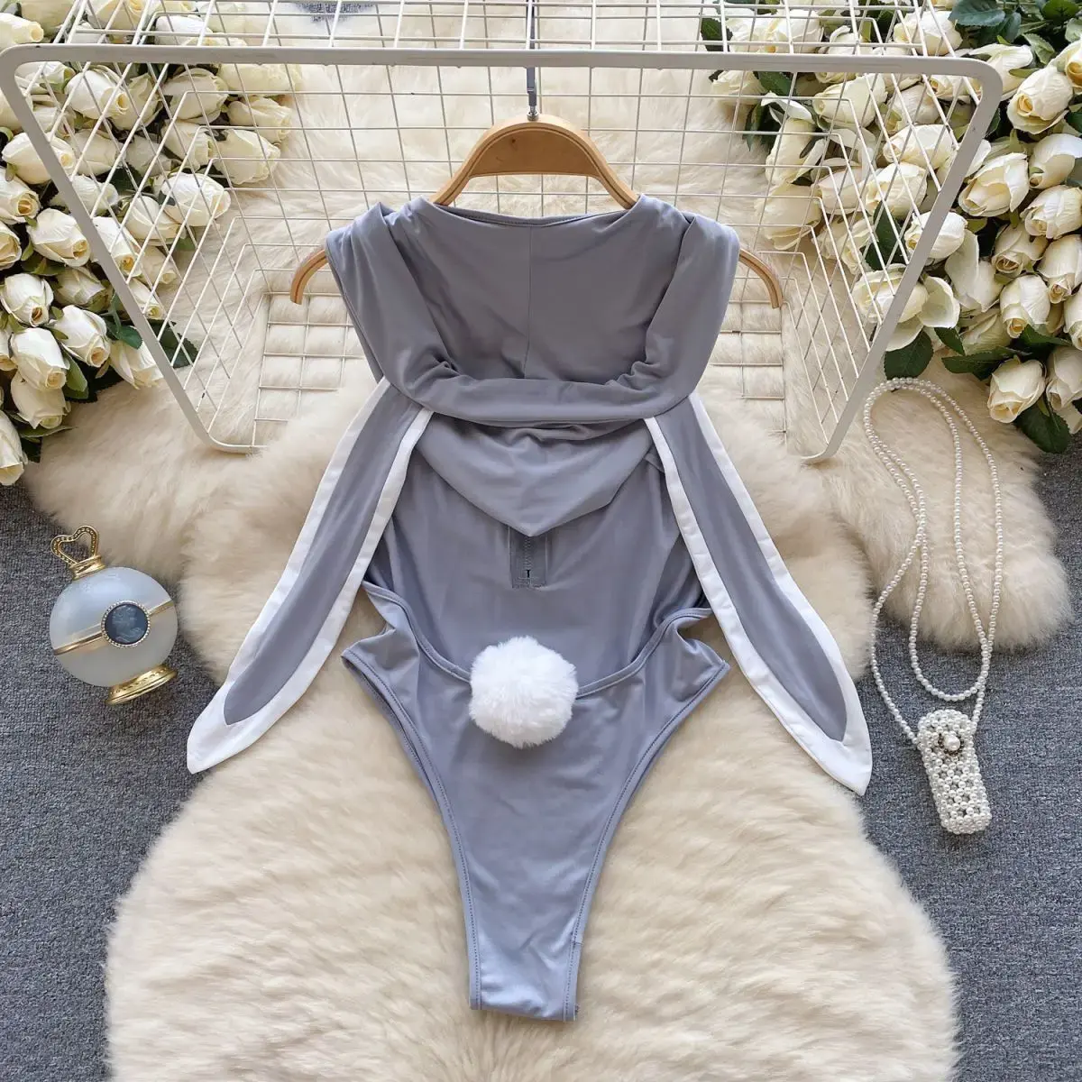 Bunny Hoodie Bodysuit for Women - Backless One-Piece Pajama Romper Sleepwear with Adorable Ears and Hood Design Medium Size