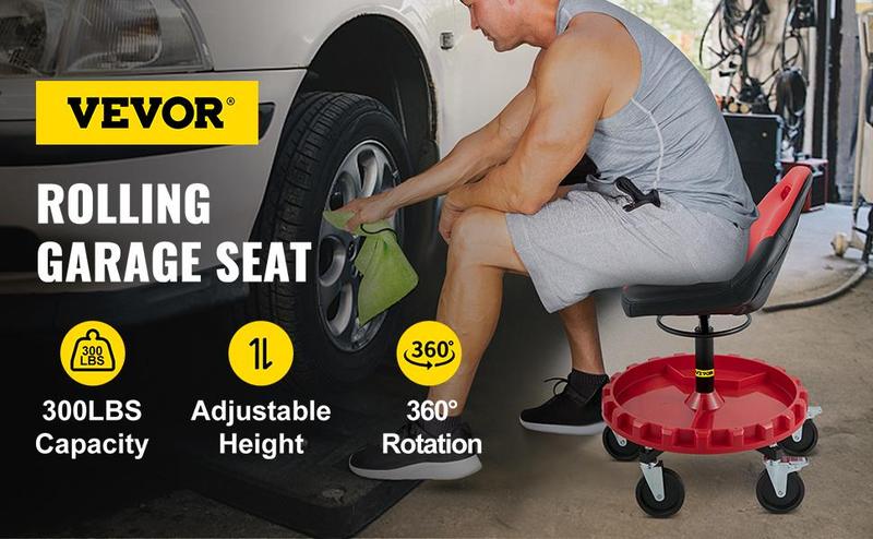 VEVOR Rolling Gear Seat, TikTokShopBlackFriday, 300LBS Capacity, 18"-23" Height Adjustable, Mobile Mechanic Garage Stool with Tool Tray and 5" Casters, Pneumatic Stool for Workshop, Garage, Auto Repair Shop