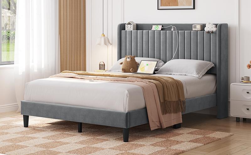 【USB Ports】Yaheetech Upholstered Bed Frame Full/Queen Velvet with Charging Ports, Storage Shelf, 800 lb Maximum Weight Capacity, No Box Spring Needed