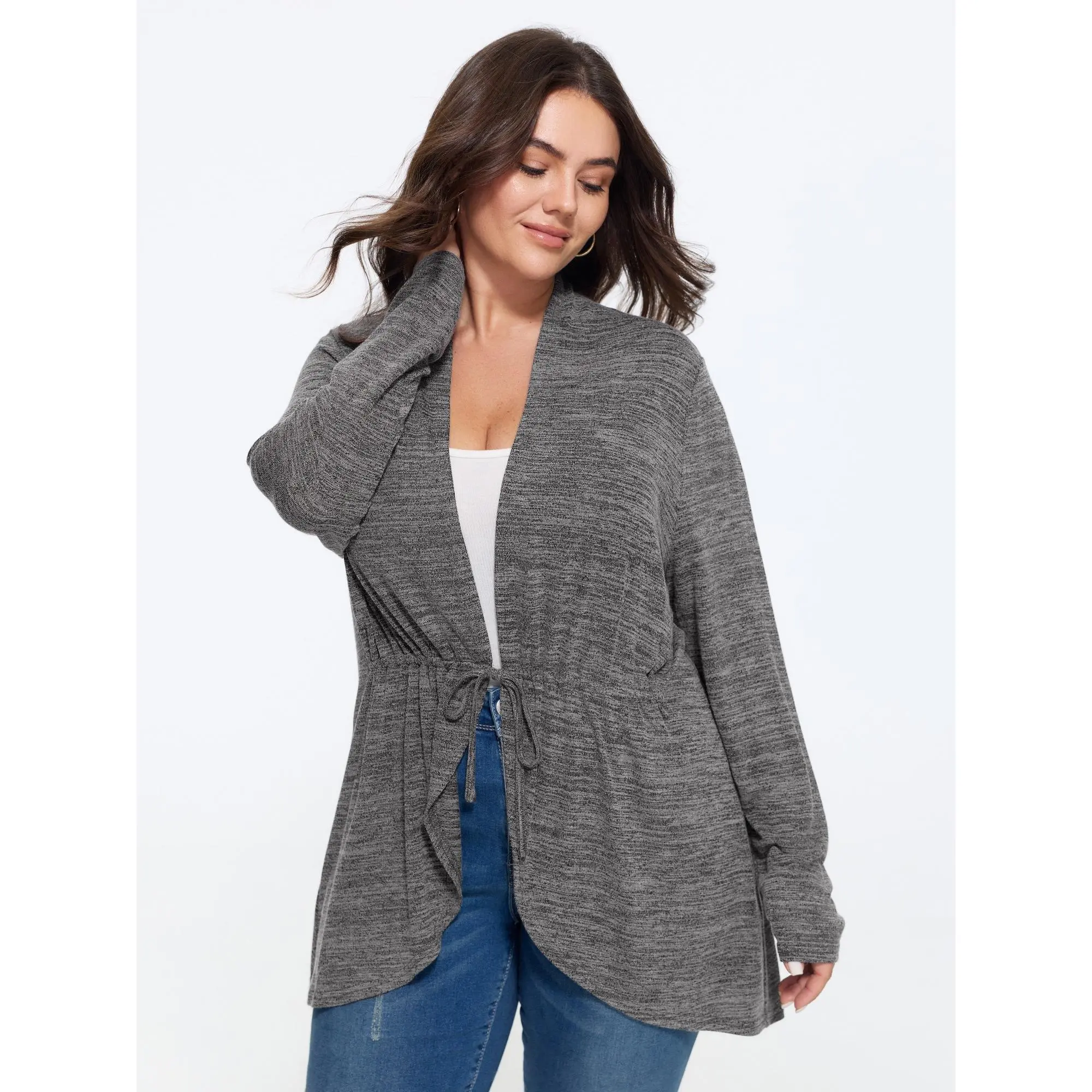 BLOOMCHIC Women's Plus Size Supersoft Spandex Fabric Full-Length Long-Sleeve Open Front Kimono Garment - Flat Drawstring Waist, Casual Fit, Sizes M-6X, Summer Casual Clothes