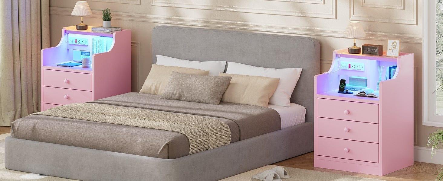 Sikaic LED Nightstand with 3 Storage Drawers Pink Modern Bedside Table with Built-in Charging Station and Open Storage Space Vanity Desk Design Sikaic LED Nightstand with 3 Storage Drawers Pink Modern Bedside Table with Built-in Charging Station and Open Storage Space Vanity Desk Design