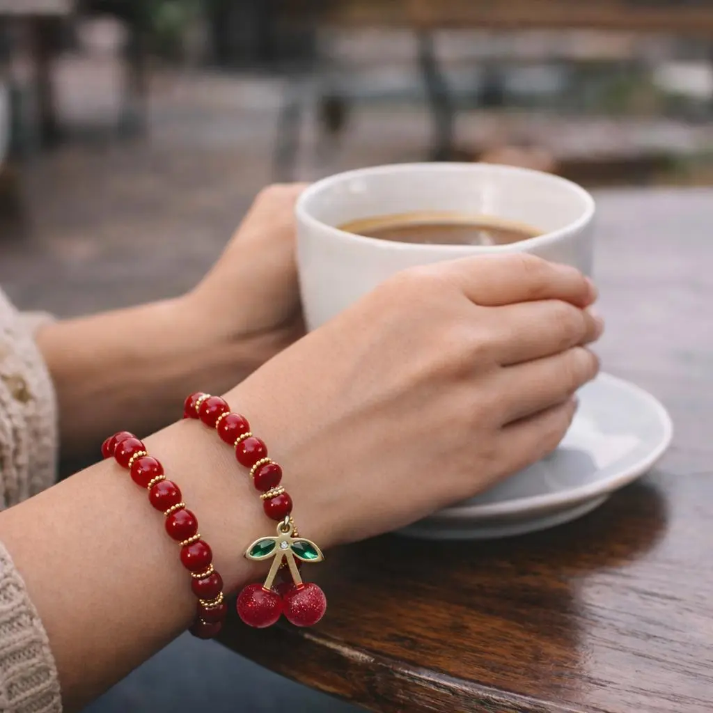 GiftKits Handmade Fruit Bracelet - Red Bead Cherry & Strawberry Motifs Lightweight Comfortable Spring Summer Collection