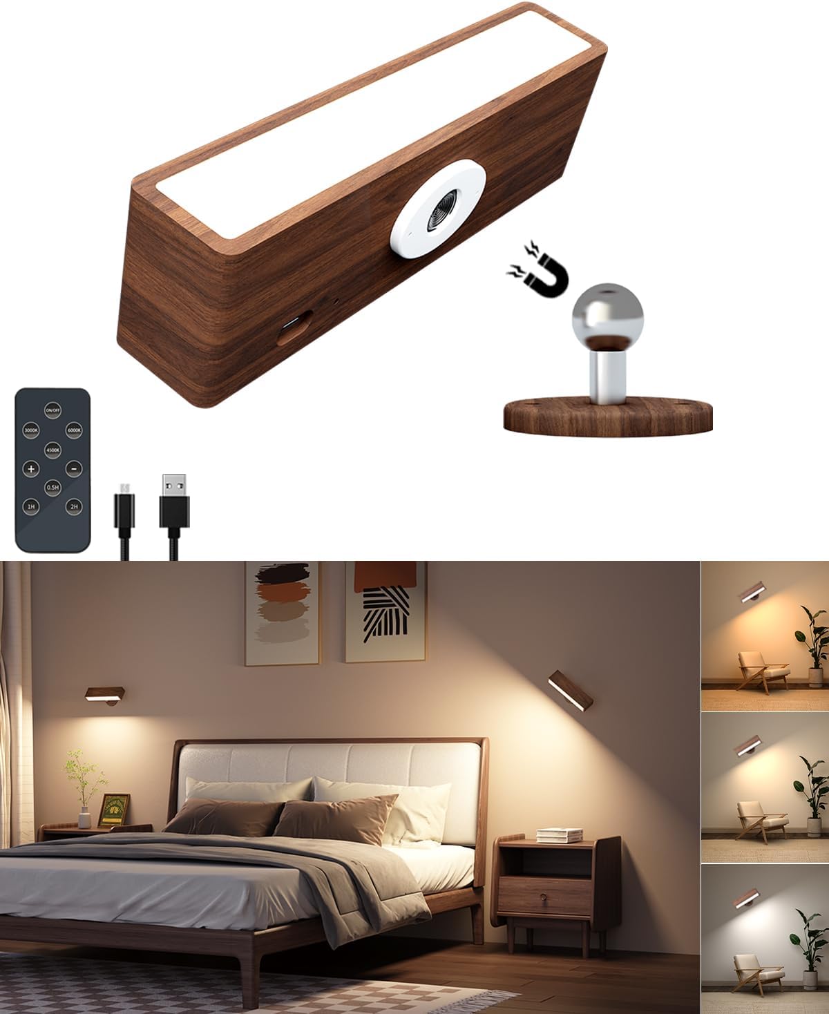 LED Wall Sconce Wireless Kitchen Lighting USB Rechargeable 360° Adjustable Angle Wall Light Remote Control Reading Lamp For Bedroom Closet Hallway Cabinet Display Shop Light Modern Rustic Lamps