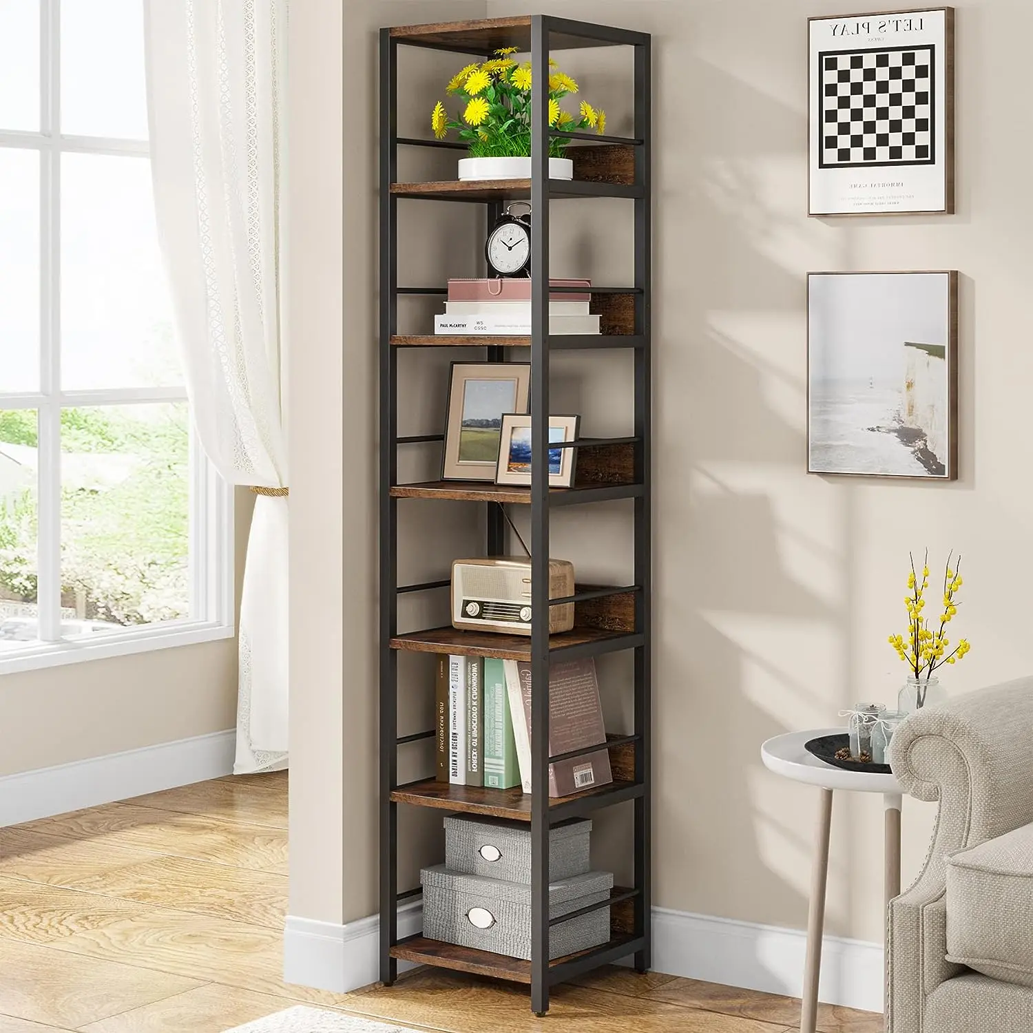 Tribesigns Rustic 6-Tier Corner Shelf, 75 Inch Tall Narrow Bookshelf Storage Rack, Etagere Shelves Display Stand for Small Spaces, for Living Room, Bathroom, Office, and Bedroom