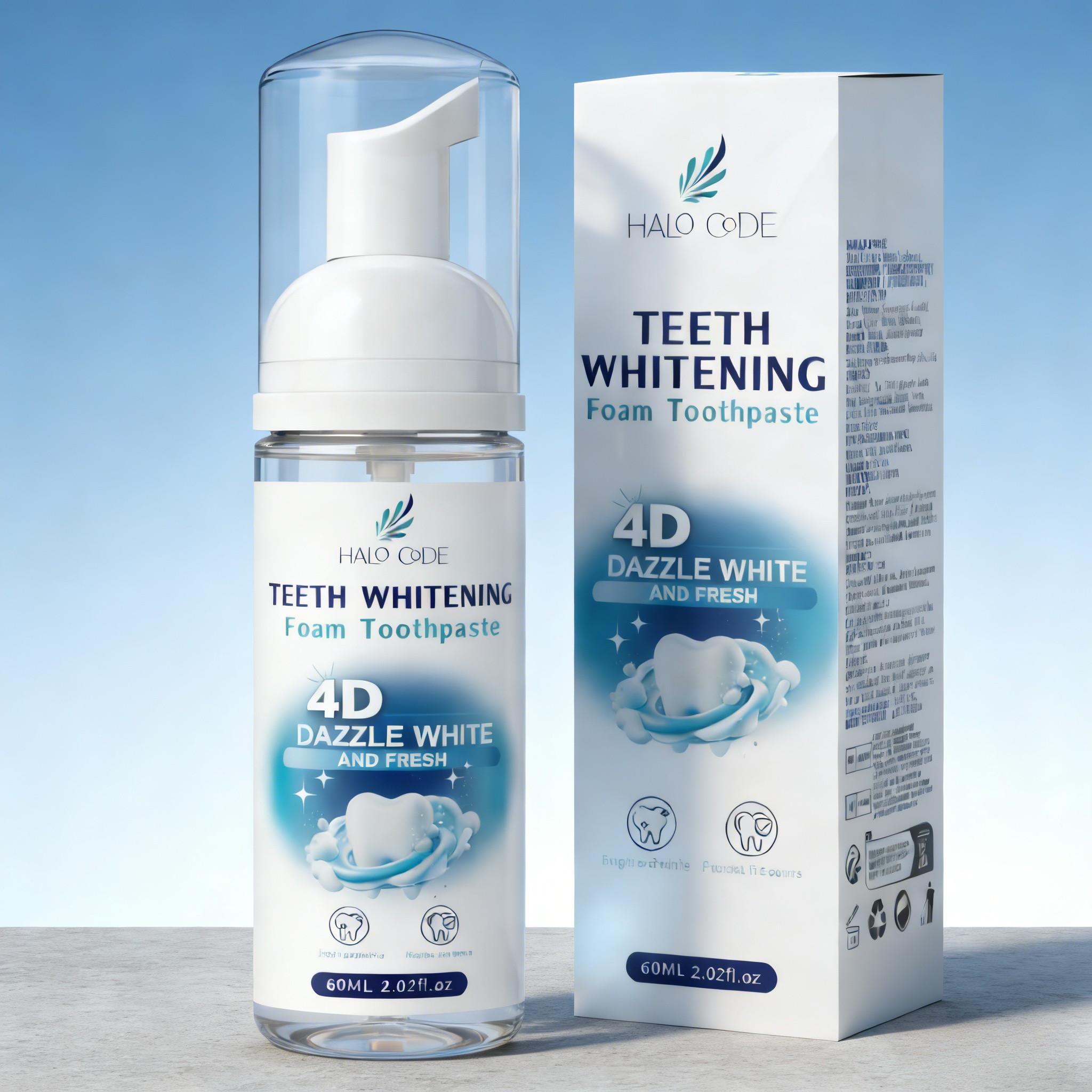 Halo Code 4D Dazzle White Foam Toothpaste,Get Whiter Teeth in Just 7 Days! Whitening, Sensitivity Relief & Fresh Breath All-in-One! natural oral health gentle mint snow removal cleaning improves xylitol strips care