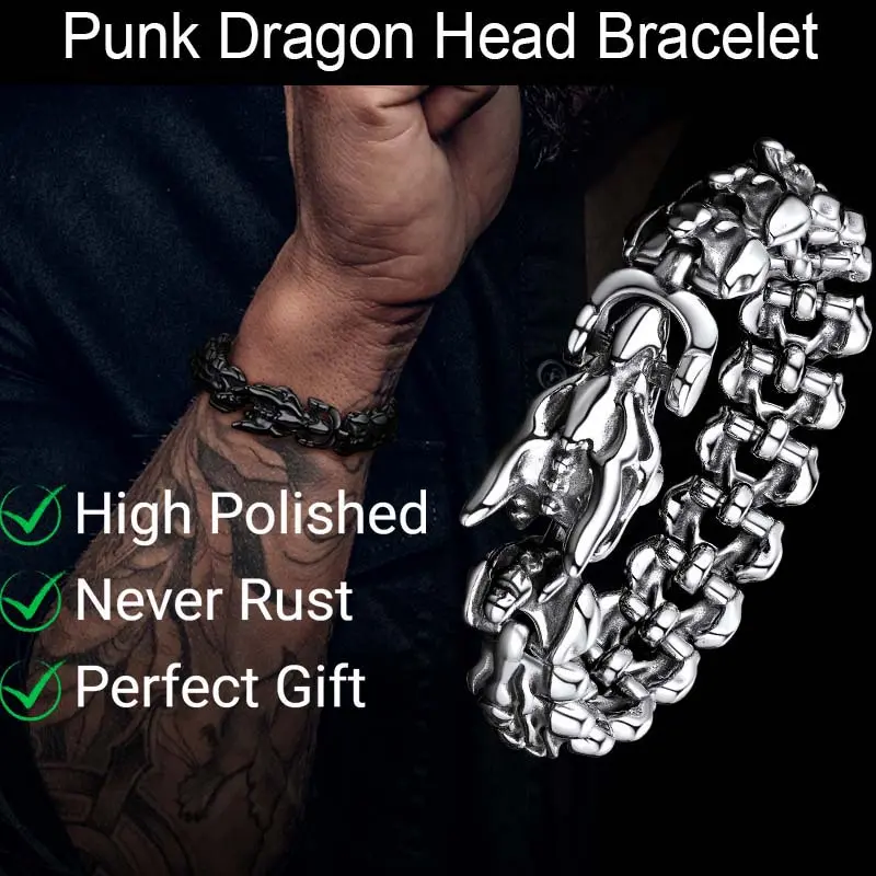 FaithHeart Men's Viking Punk 316L Stainless Steel Metal Bracelet - Dragon Scale Link Chain with Dragon Head Clasp, Fashionable Bracelet Style, Animal-Themed, One Size Male Jewelry Gift for Adults