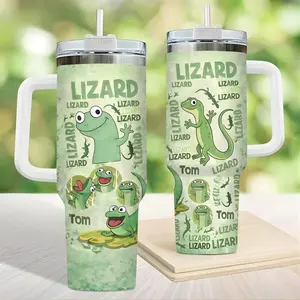 Cute Green Lizard Cartoon Tumbler 40oz / 20oz With Handle And Straw – Funny Reptile Lover Gift Cup
