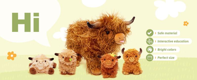 OUOZZZ Highland Cow Plush Toy, 15''Cattle Stuffed Animals with 4 Babies Inside, Toddlers & Kids Gifts, Home Decoration