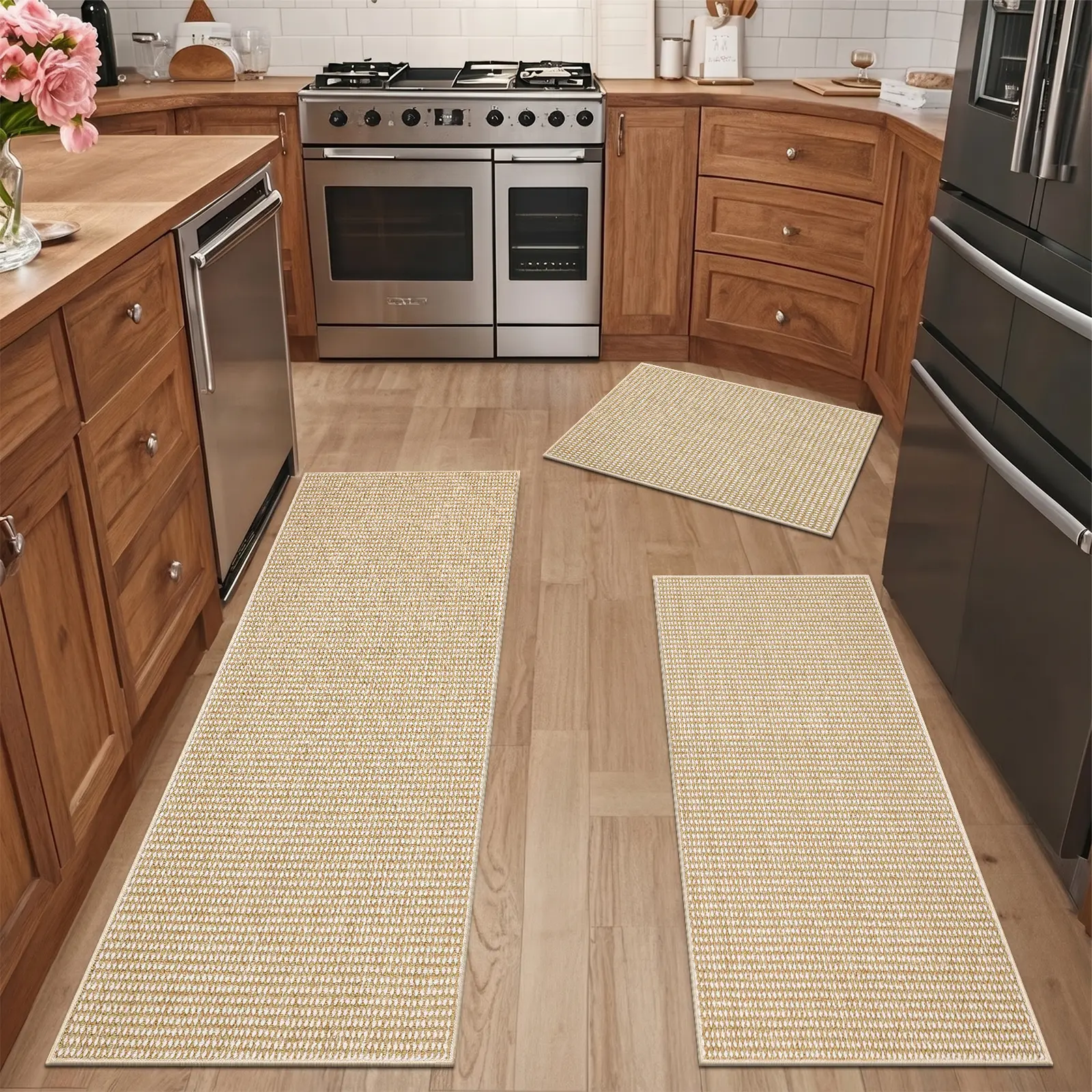 LOKHOM Solid Kitchen Rugs and Mats Set of 3 Non-Slip Kitchen Mats for Floor, Absorbent and Stain Resistant Kitchen Runner, Machine Washable Rugs for Kitchen, Laundry & Sink,