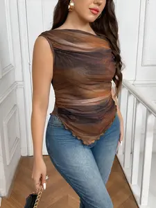 Frenchy Plus Size Asymmetrical Sleeveless Blouse – Minimalist Fitted Tie-Dye Top