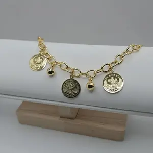 Coins Bracelet Gold Plated 14k Women's Bracelets 7 Inches with Extension. Waterproof Elegant Design for Daily Use