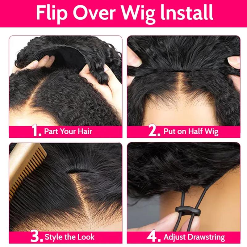 Half Wig Human Hair Wigs 250% Half Wig Kinky Curly Human Hair Wigs 3 In 1 Invisible Hairline With Drawstring Seamless