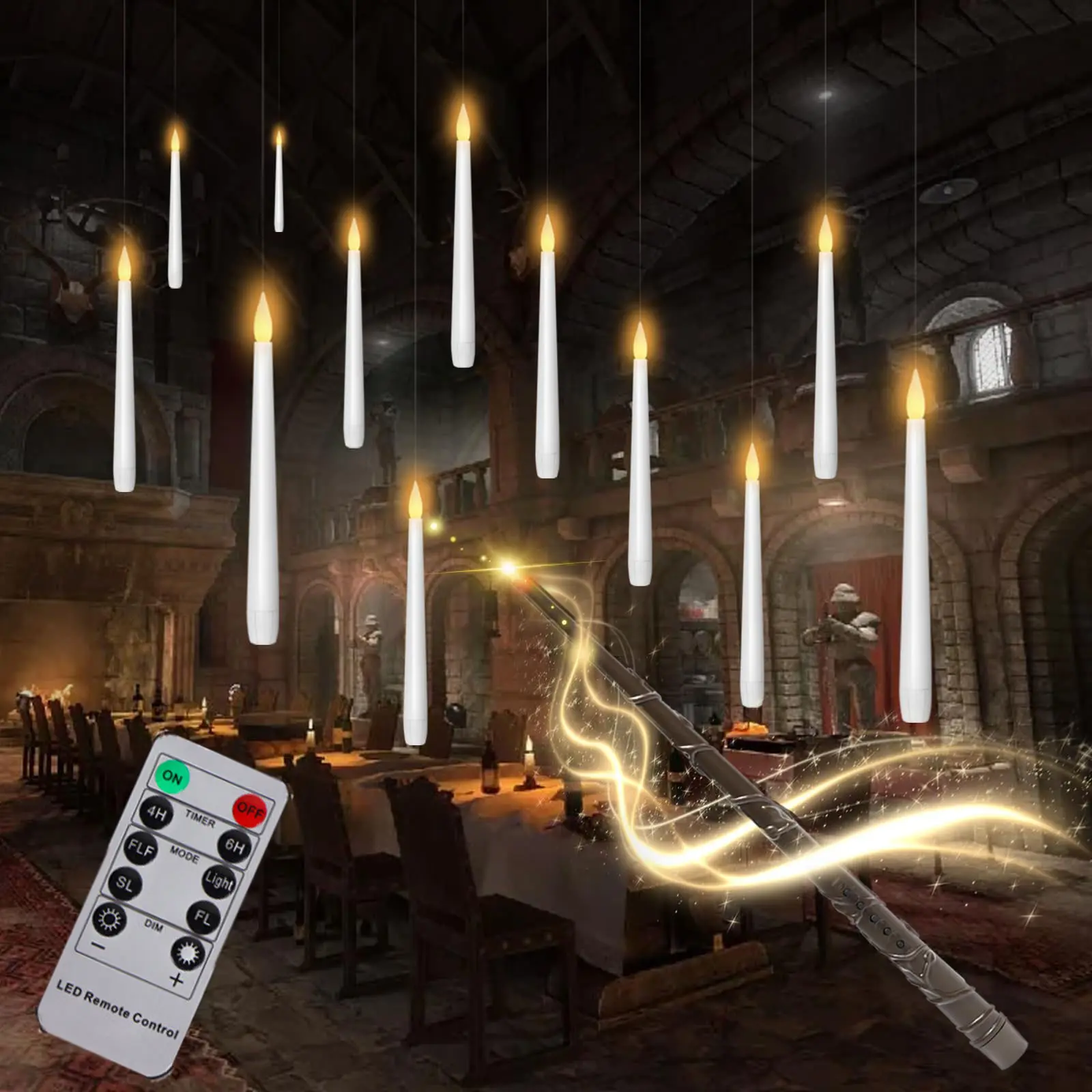 12 PCS Flameless Floating Candles with Wand & Remote,Hanging Taper Candles For Halloween Decorations.