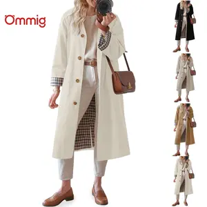 Ommig Womens Long Trench Coat Single Breasted Oversized Windproof Overcoat Fashion Outerwear