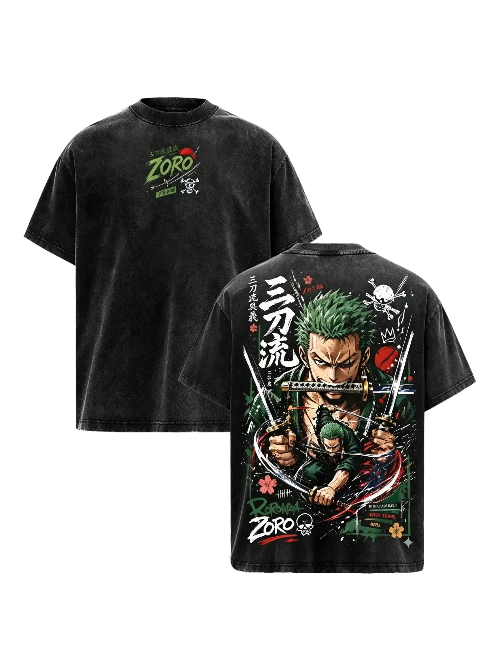Roronoa Zoro Anime Art T-Shirt - Unisex Oversized Vintage Washed Heavy Cotton Fan Merch, Crew Neck Fashion Menswear Streetwear, Short-Sleeve Casual Top, Machine Washable Cold Wash Compatible