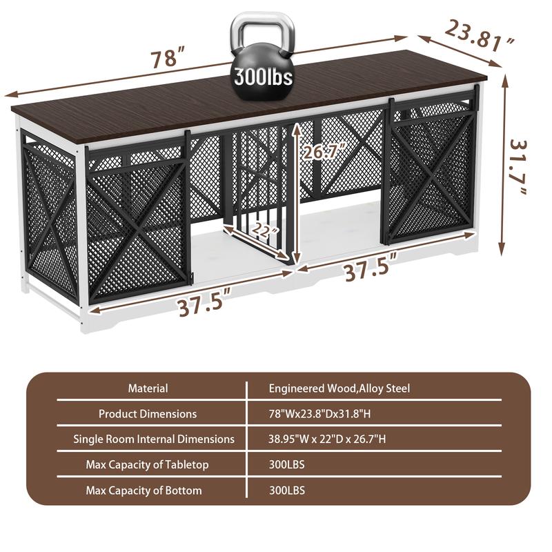 COZPAW 78" Dog Crate Furniture for 2 Dogs,Extra Large Breed Double Chew-Resistant Indoor Pet House,Heavy Duty Wooden XXL Large Kennel, Furniture Style XL Dog Cage, Max 300lbs Capacity (Grey)