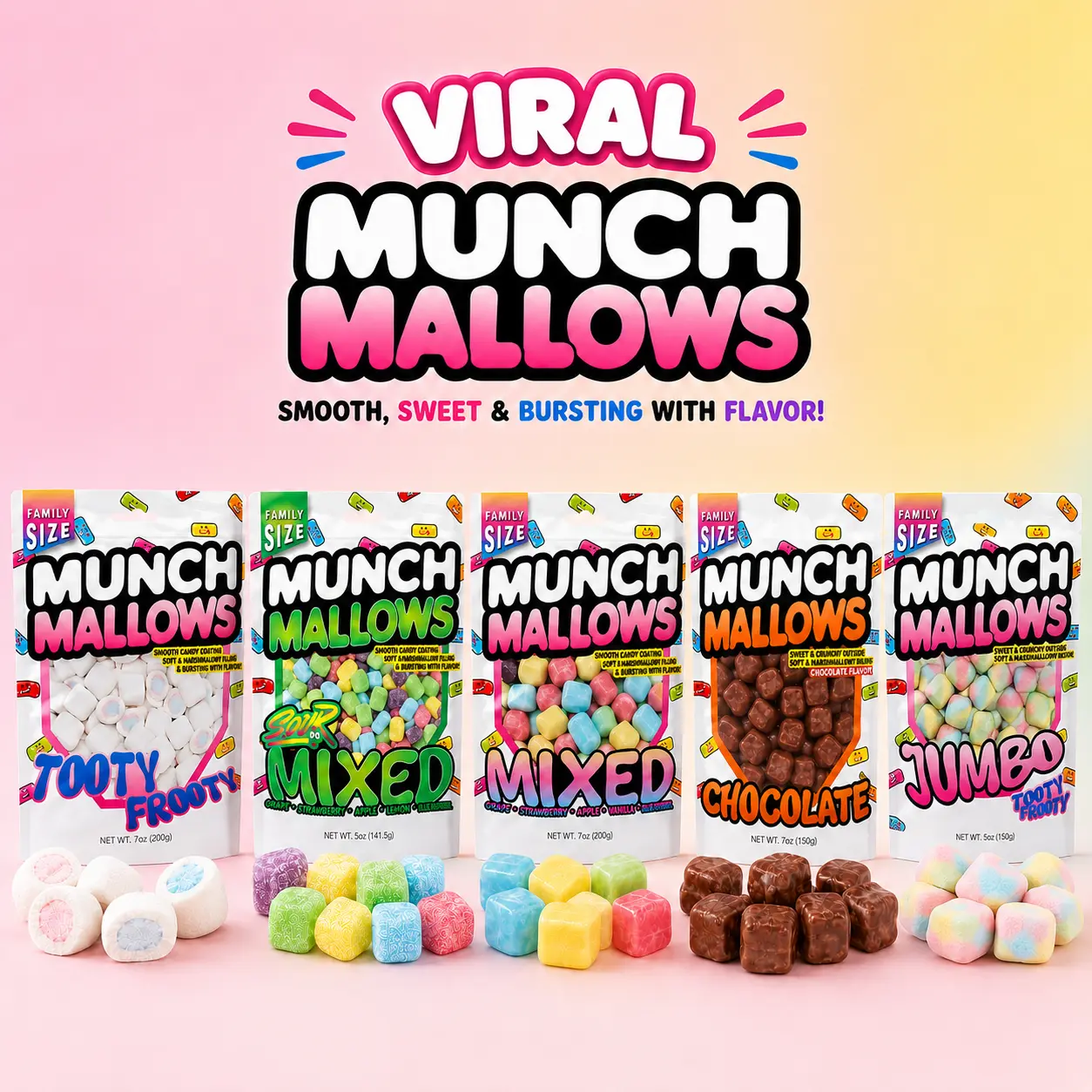 Viral Munch Mallows - Soft, Fluffy Marshmallow Center, Delightfully Sweet Smooth Crunchy Fruity Candy Coating Snack  Marshmallow Candy  Mix