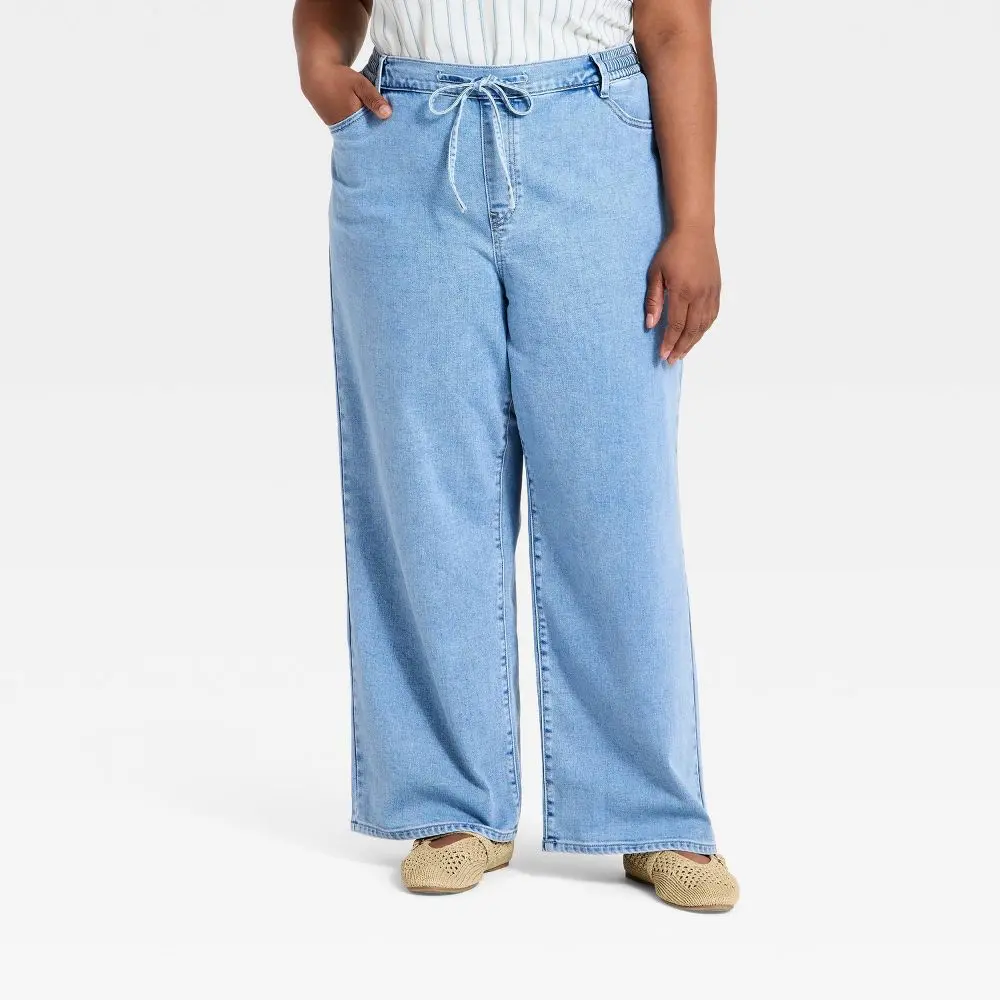 Women's High-Rise Tie-Front Straight Leg Polyester-Spandex Elastic Garment Beach Bottom Jeans - Ava & Viv