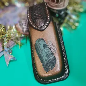 LEATHER SHEATH WITH BELT LOOP MONEY & DICE  DESIGN  5.5" FOLDING POCKET KNIFE HANDMADE GENUINE LEATHER HANDPAINTED