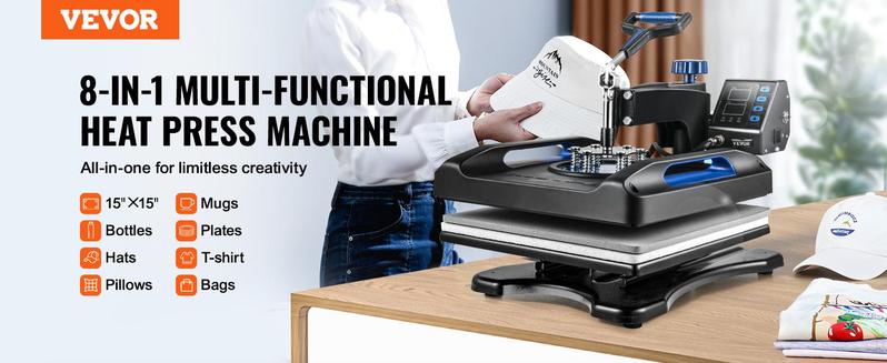 VEVOR Heat Press Machine 15 x 15 Inch 8 in 1 Heat Press 800W Sublimation Machine 360° Rotation Swing Away 8 in 1 Shirt Printing Machine Dual-Tube Heating for DIY T-Shirts Cap & Mugs Blue