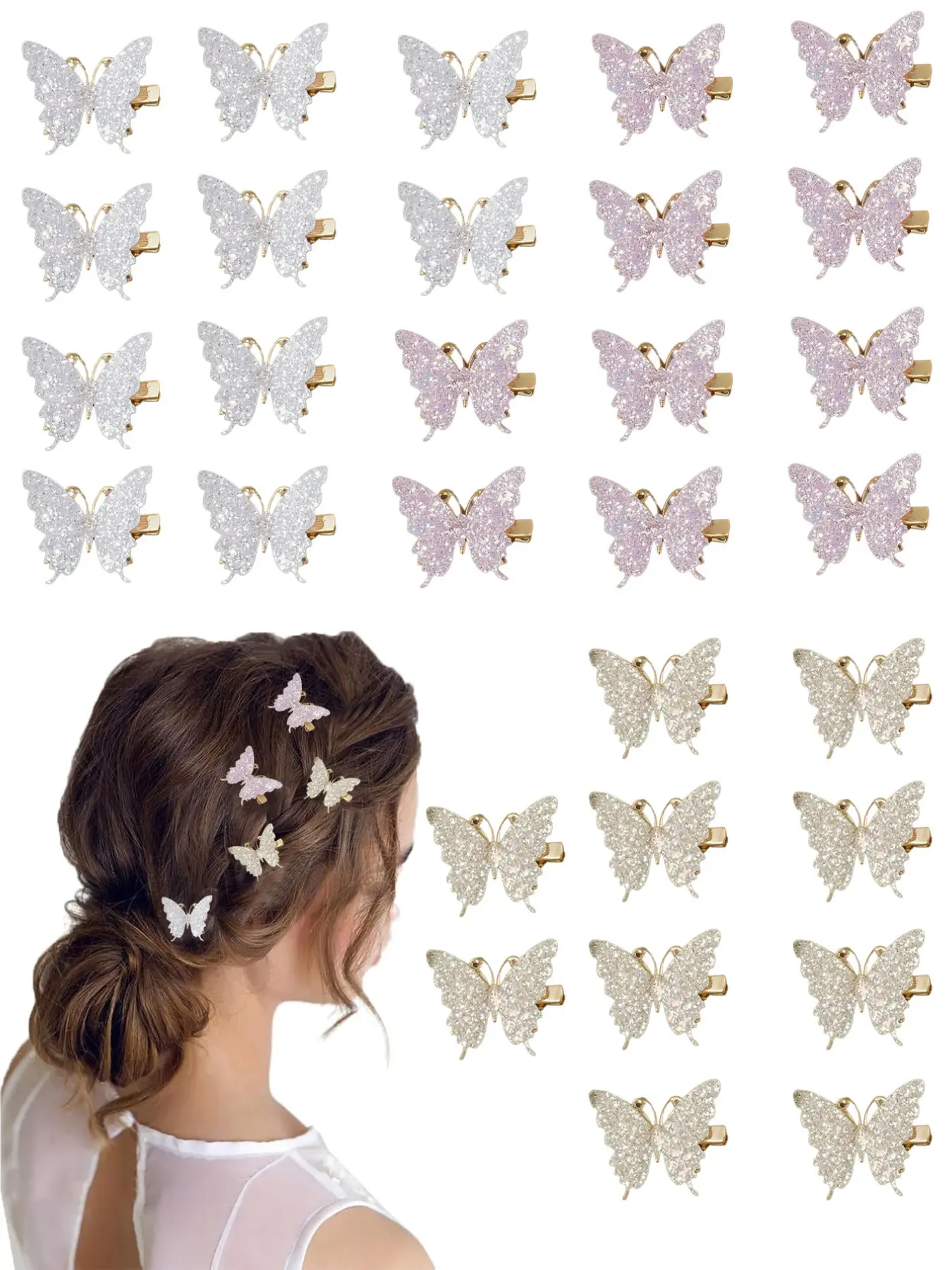 30pcs Glitter Butterfly Bun Hair Clips for Women, Side Bangs Holders, Cute Sweet Bohemian Style Accessories, Perfect for Outdoors Parties Beaches, Tropical Hair Accessories, Super Cute Clips
